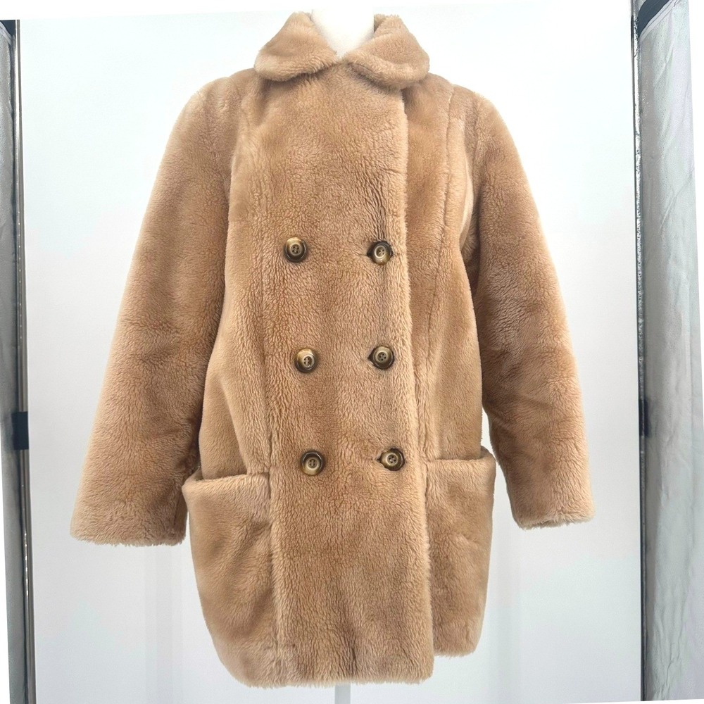 Vintage White Stag Faux Fur Double Breasted Camel Tan Teddy Coat Jacket Womens